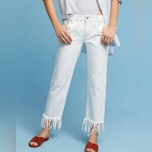 Pilcro Hyphen White Fringe Hem Straight Leg Denim Jeans Distressed 31 Trendy